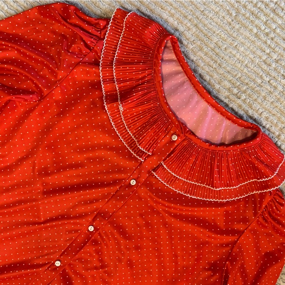 1970’s Vintage Western Frilly Red Polka Dot Polyester Button Up Blouse - Picture 2 of 5